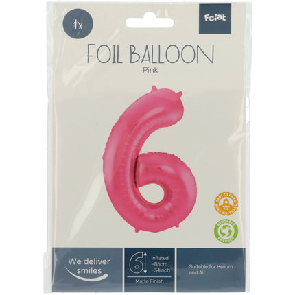 Feestbazaar Folieballon Cijfer 6 Metallic Mat Roze (86cm)