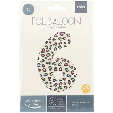 Feestbazaar Folieballon Cijfer 6 Wit Met Panterprint  (86cm)