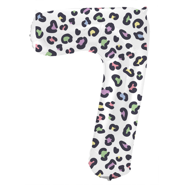 Feestbazaar Folieballon Cijfer 7 Wit Met Panterprint  (86cm)