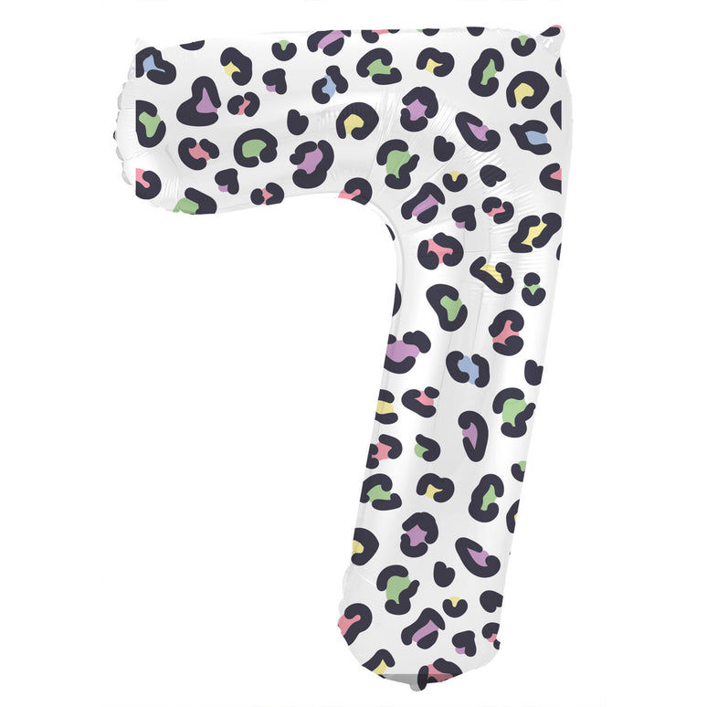 Feestbazaar Folieballon Cijfer 7 Wit Met Panterprint  (86cm)