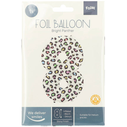Feestbazaar Folieballon Cijfer 8 Wit Met Panterprint  (86cm)