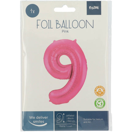 Feestbazaar Folieballon Cijfer 9 Metallic Mat Roze (86cm)
