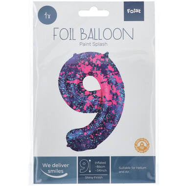 Feestbazaar Folieballon Cijfer 9 Paint Splash Neon (86cm)