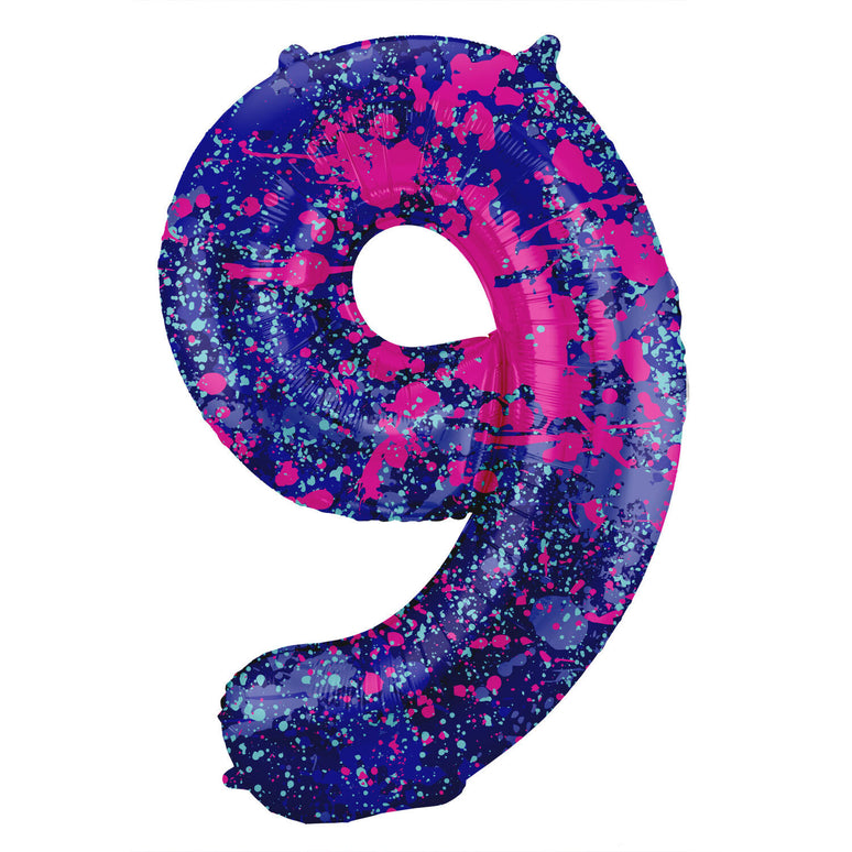 Feestbazaar Folieballon Cijfer 9 Paint Splash Neon (86cm)