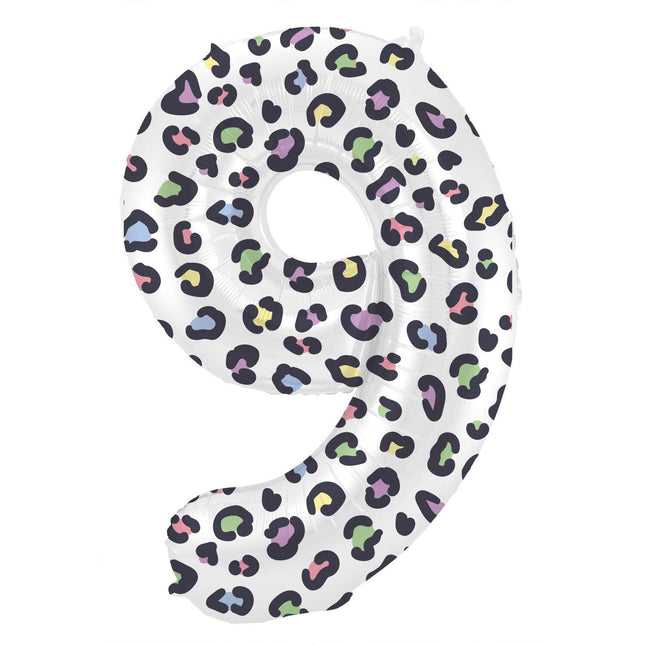 Feestbazaar Folieballon Cijfer 9 Wit Met Panterprint (86cm)