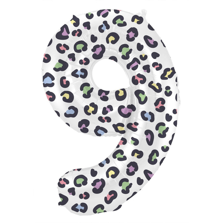 Feestbazaar Folieballon Cijfer 9 Wit Met Panterprint (86cm)