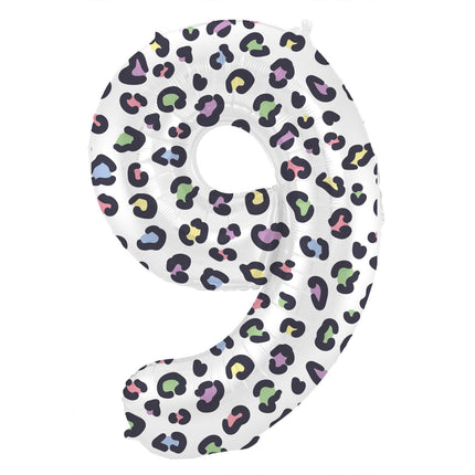Feestbazaar Folieballon Cijfer 9 Wit Met Panterprint (86cm)