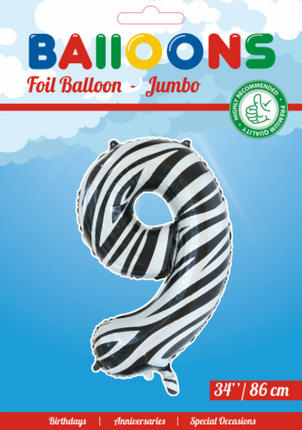 Feestbazaar Folieballon Cijfer 9 Zebra (86cm)