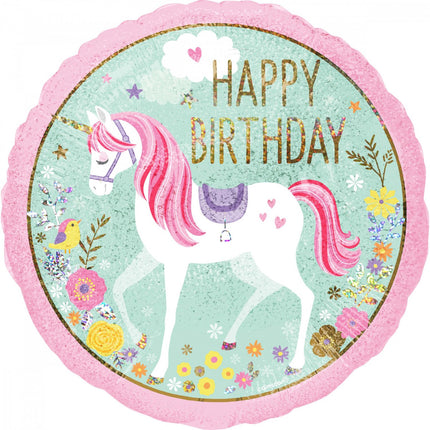 Feestbazaar Folieballon Happy Birthday Eenhoorn Holografisch - 45 cm
