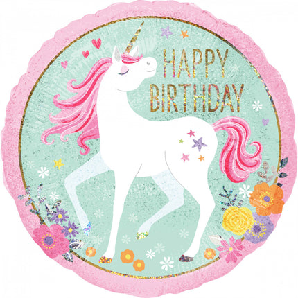 Feestbazaar Folieballon Happy Birthday Eenhoorn Holografisch - 45 cm