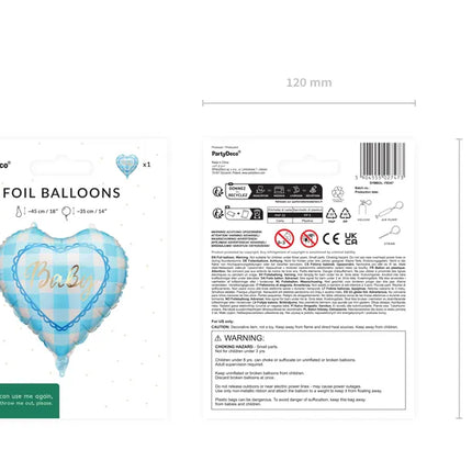 Feestbazaar Folieballon Hart Baby Blauw Geruit (35cm)