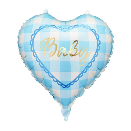 Feestbazaar Folieballon Hart Baby Blauw Geruit (35cm)
