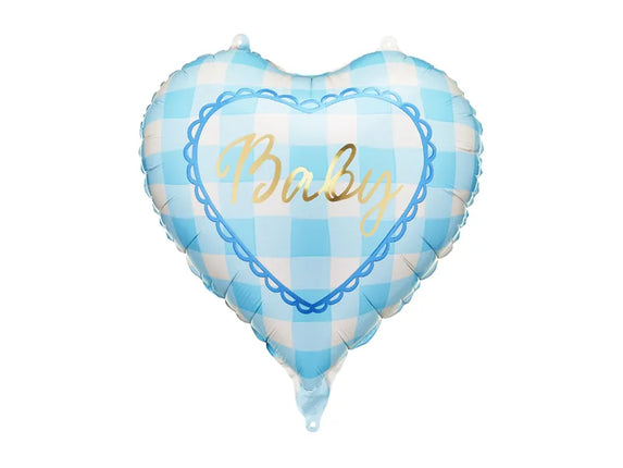 Feestbazaar Folieballon Hart Baby Blauw Geruit (35cm)