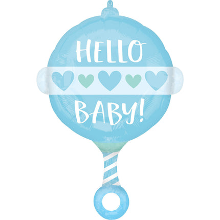 Feestbazaar Folieballon Hello Baby Blauw Rammelaar