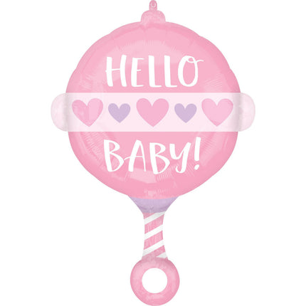 Feestbazaar Folieballon Hello Baby Roze Rammelaar