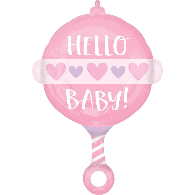 Feestbazaar Folieballon Hello Baby Roze Rammelaar