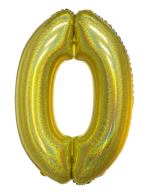 Feestbazaar Folieballon Holografisch Goud Cijfer '0' - 102cm