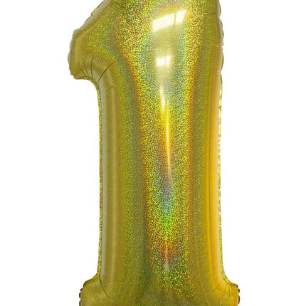 Feestbazaar Folieballon Holografisch Goud Cijfer '1' - 102cm