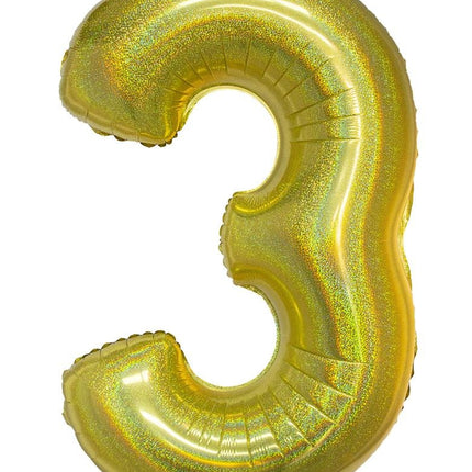 Feestbazaar Folieballon Holografisch Goud Cijfer '3' - 102cm