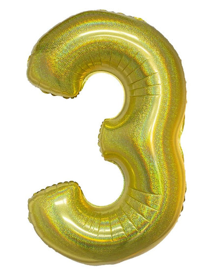 Feestbazaar Folieballon Holografisch Goud Cijfer '3' - 102cm