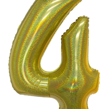 Feestbazaar Folieballon Holografisch Goud Cijfer '4' - 102cm
