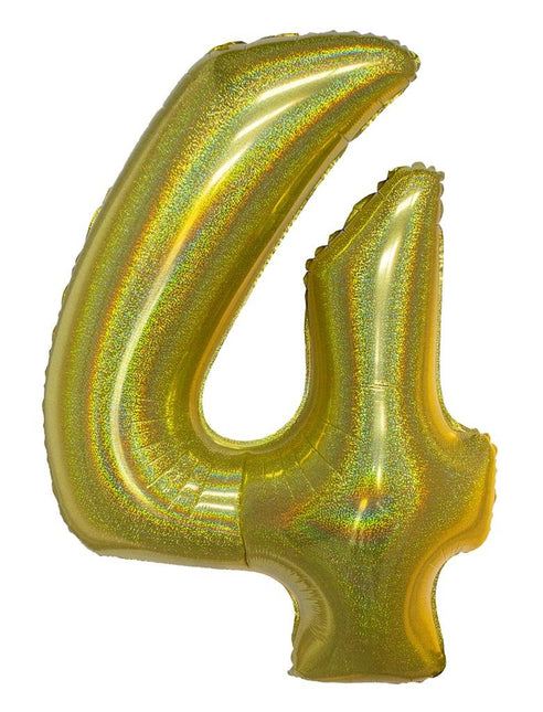 Feestbazaar Folieballon Holografisch Goud Cijfer '4' - 102cm