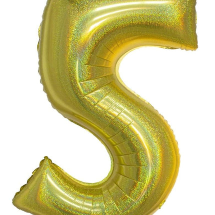 Feestbazaar Folieballon Holografisch Goud Cijfer '5' - 102cm