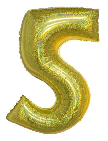 Feestbazaar Folieballon Holografisch Goud Cijfer '5' - 102cm