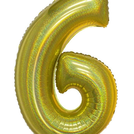 Feestbazaar Folieballon Holografisch Goud Cijfer '6' - 102cm