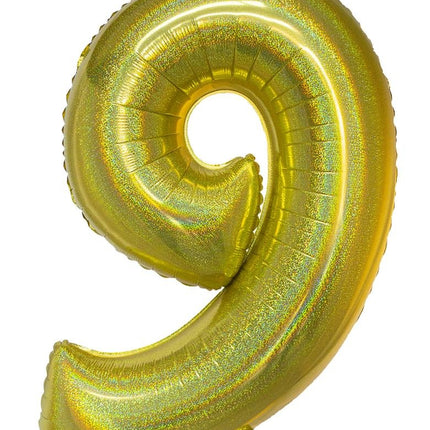 Feestbazaar Folieballon Holografisch Goud Cijfer '9' - 102cm