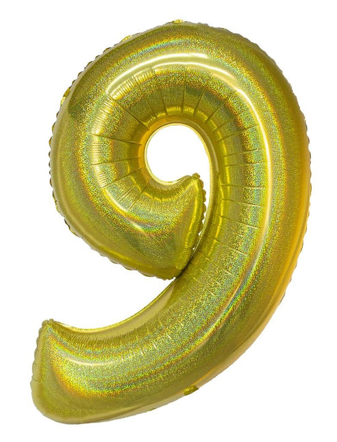 Feestbazaar Folieballon Holografisch Goud Cijfer '9' - 102cm