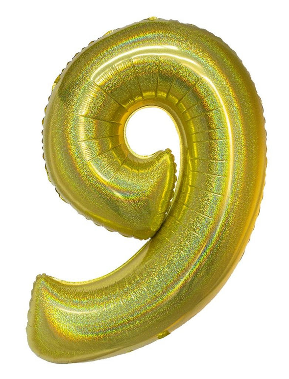 Feestbazaar Folieballon Holografisch Goud Cijfer '9' - 102cm