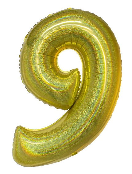 Feestbazaar Folieballon Holografisch Goud Cijfer '9' - 102cm