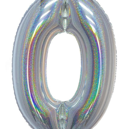 Feestbazaar Folieballon Holografisch Zilver Cijfer '0' - 102cm