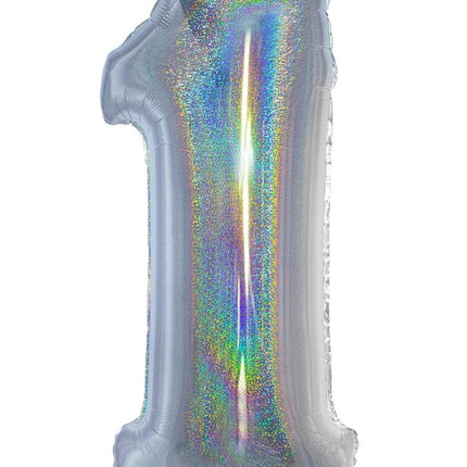 Feestbazaar Folieballon Holografisch Zilver Cijfer '1' - 102cm