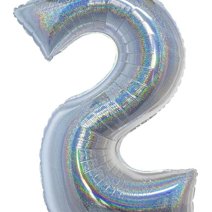 Feestbazaar Folieballon Holografisch Zilver Cijfer '2' - 102cm