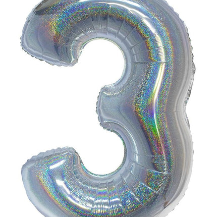 Feestbazaar Folieballon Holografisch Zilver Cijfer '3' - 102cm