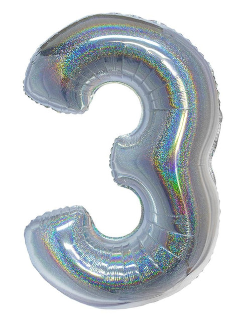 Feestbazaar Folieballon Holografisch Zilver Cijfer '3' - 102cm