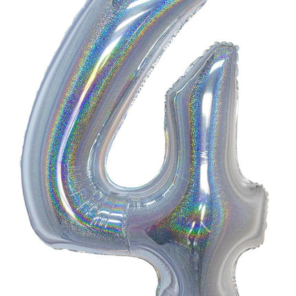 Feestbazaar Folieballon Holografisch Zilver Cijfer '4' - 102cm