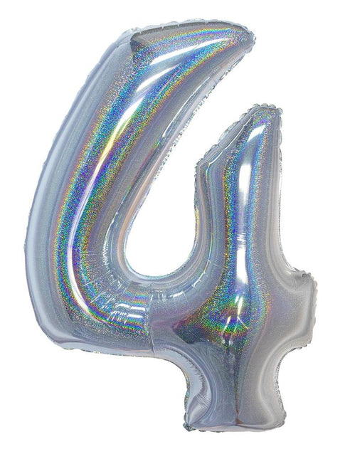 Feestbazaar Folieballon Holografisch Zilver Cijfer '4' - 102cm