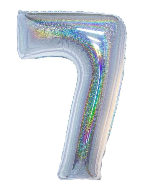 Feestbazaar Folieballon Holografisch Zilver Cijfer '7' - 102cm