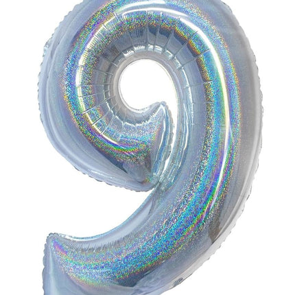 Feestbazaar Folieballon Holografisch Zilver Cijfer '9' - 102cm
