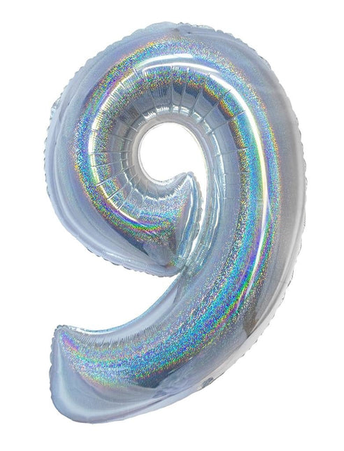 Feestbazaar Folieballon Holografisch Zilver Cijfer '9' - 102cm