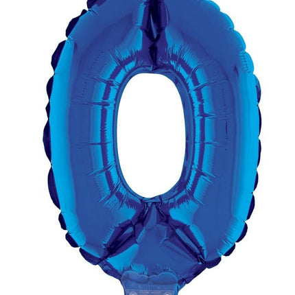 Feestbazaar Folieballon Klein Cijfer '0' Blauw Met Stokje (41cm)
