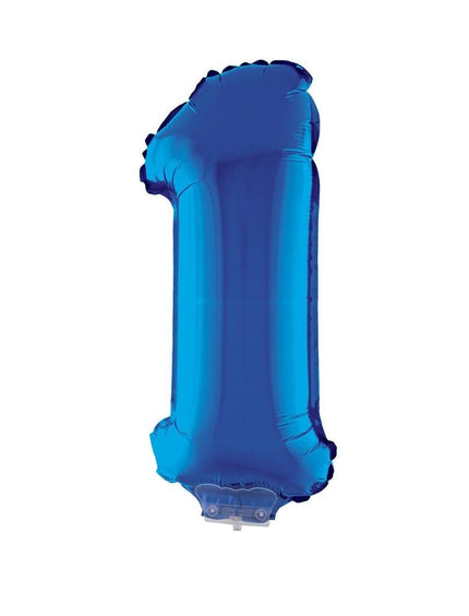 Feestbazaar Folieballon Klein Cijfer '1' Blauw Met Stokje (41cm)