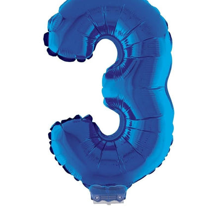 Feestbazaar Folieballon Klein Cijfer '3' Blauw Met Stokje (41cm)
