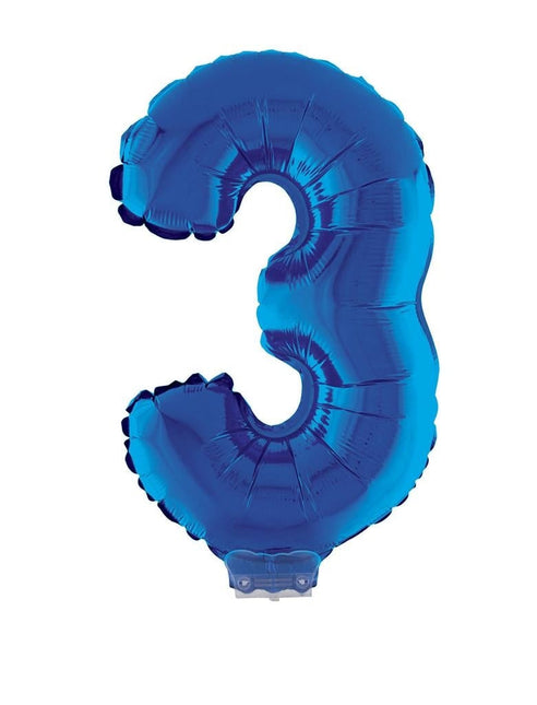 Feestbazaar Folieballon Klein Cijfer '3' Blauw Met Stokje (41cm)