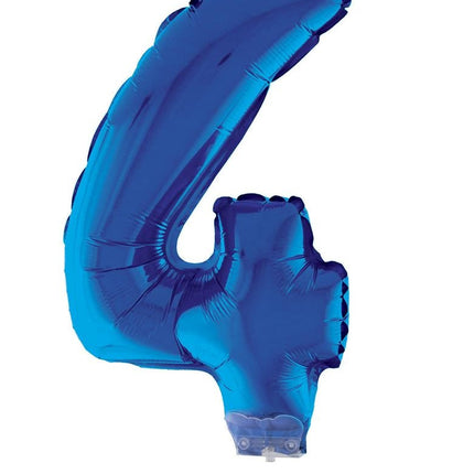 Feestbazaar Folieballon Klein Cijfer '4' Blauw Met Stokje (41cm)
