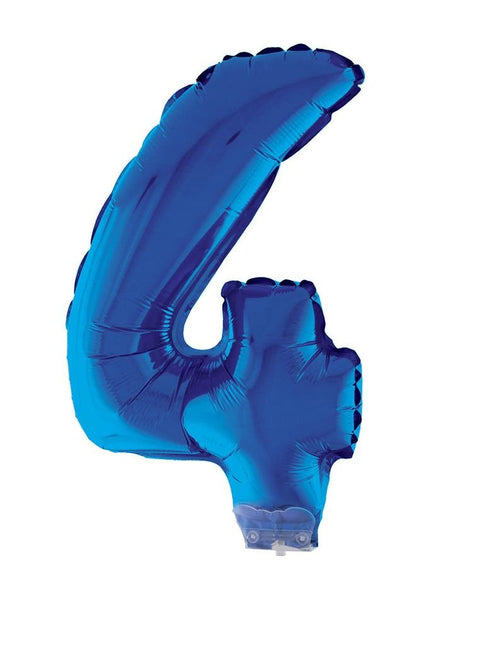 Feestbazaar Folieballon Klein Cijfer '4' Blauw Met Stokje (41cm)