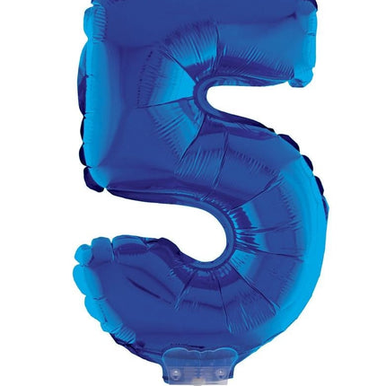 Feestbazaar Folieballon Klein Cijfer '5' Blauw Met stokje (41cm)